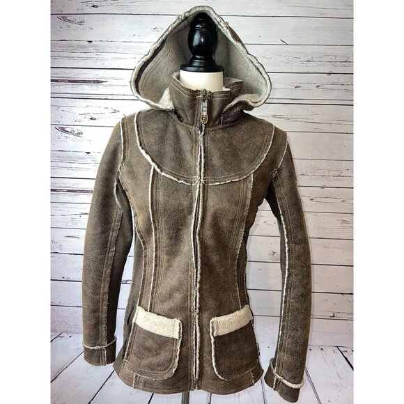 KUHL Projekt Dani Sherpa Jacket Lined Coat Faux Leather XS Extra Small Hooded - Picture 1 of 12